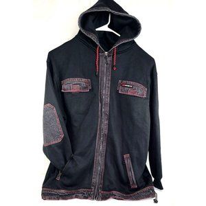 Boom-X BX Mens 2XL Black Full Zip Hoodie Sweatshirt Denim Pockets Red Stitching